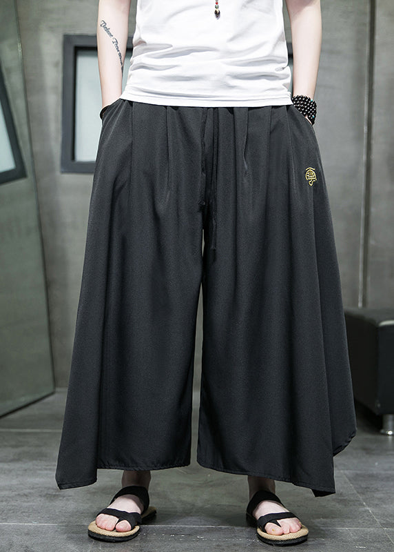 Black Asymmetrical Pockets Ice Silk Wide Leg Pants Summer Sa046