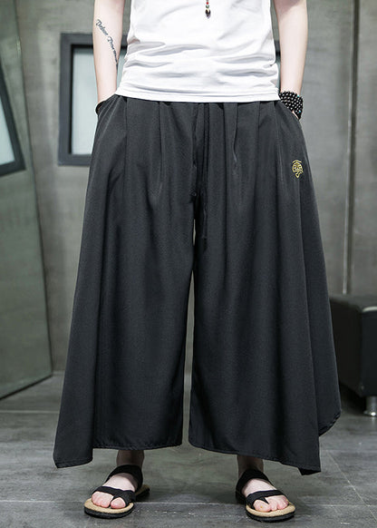 Black Asymmetrical Pockets Ice Silk Wide Leg Pants Summer Sa046