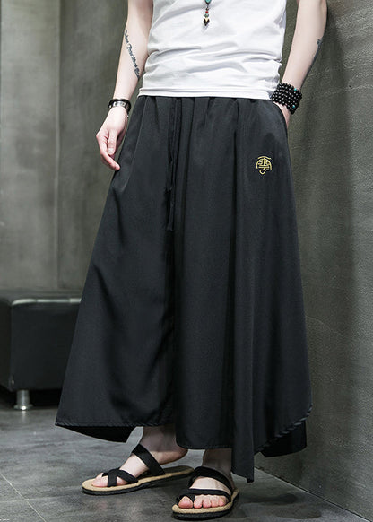 Black Asymmetrical Pockets Ice Silk Wide Leg Pants Summer Sa046
