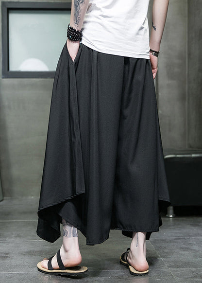 Black Asymmetrical Pockets Ice Silk Wide Leg Pants Summer Sa046