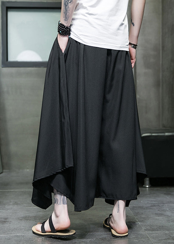Black Asymmetrical Pockets Ice Silk Wide Leg Pants Summer Sa046