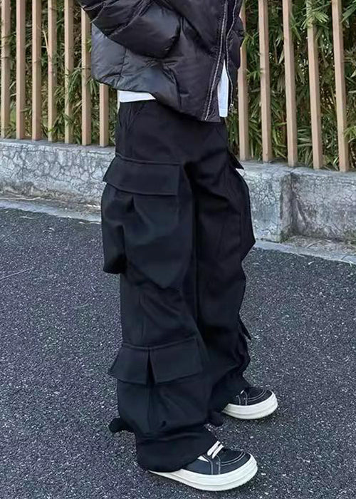 Waist Pockets Pants Spring Cotton High Black Button