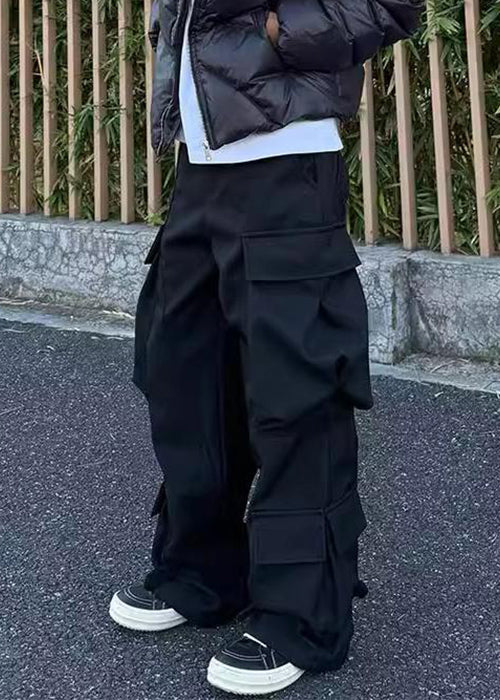 Waist Pockets Pants Spring Cotton High Black Button