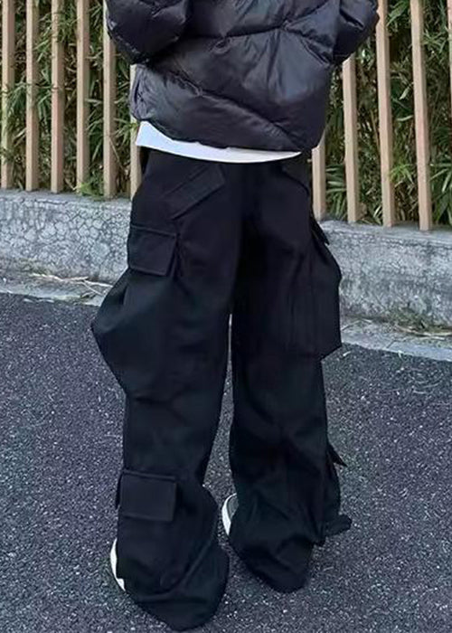 Waist Pockets Pants Spring Cotton High Black Button