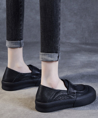 Black Cowhide Leather Hollow Out Loafers Shoes for Jj017