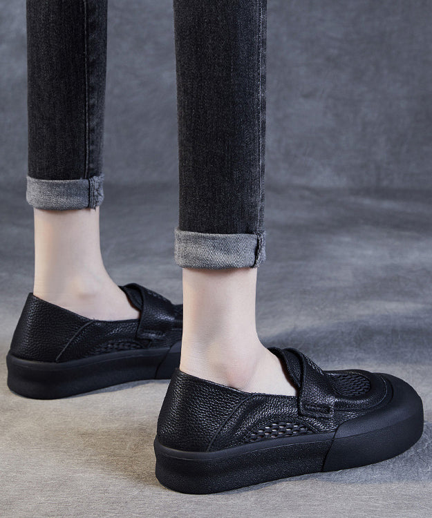 Black Cowhide Leather Hollow Out Loafers Shoes for Jj017