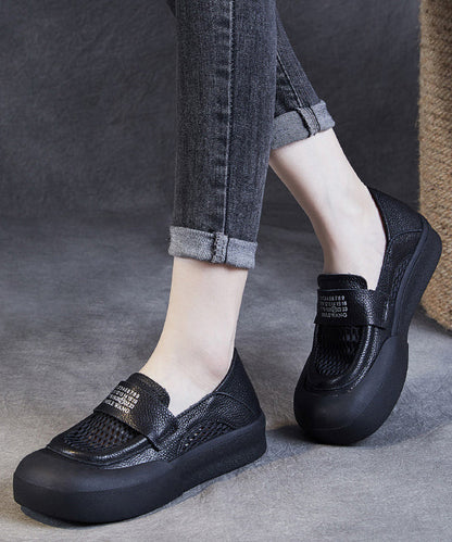 Black Cowhide Leather Hollow Out Loafers Shoes for Jj017