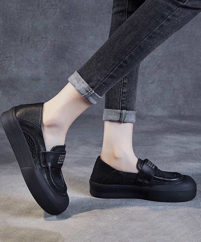 Black Cowhide Leather Hollow Out Loafers Shoes for Jj017