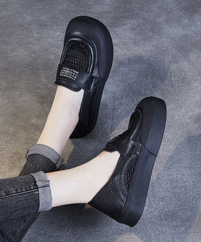 Black Cowhide Leather Hollow Out Loafers Shoes for Jj017