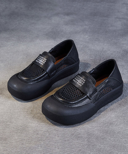 Black Cowhide Leather Hollow Out Loafers Shoes for Jj017