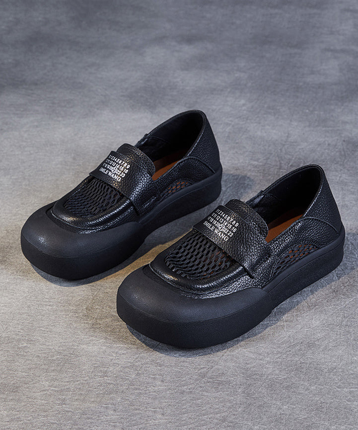 Black Cowhide Leather Hollow Out Loafers Shoes for Jj017