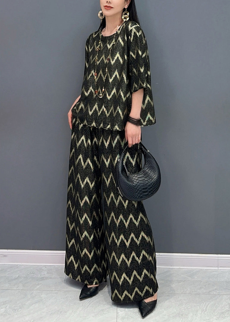 Black Gold O-neck Print and Wide Leg Pants T Shirt Two Pieces Set Short Sleeve Ao1059