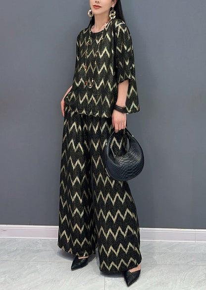 Black Gold O-neck Print and Wide Leg Pants T Shirt Two Pieces Set Short Sleeve Ao1059