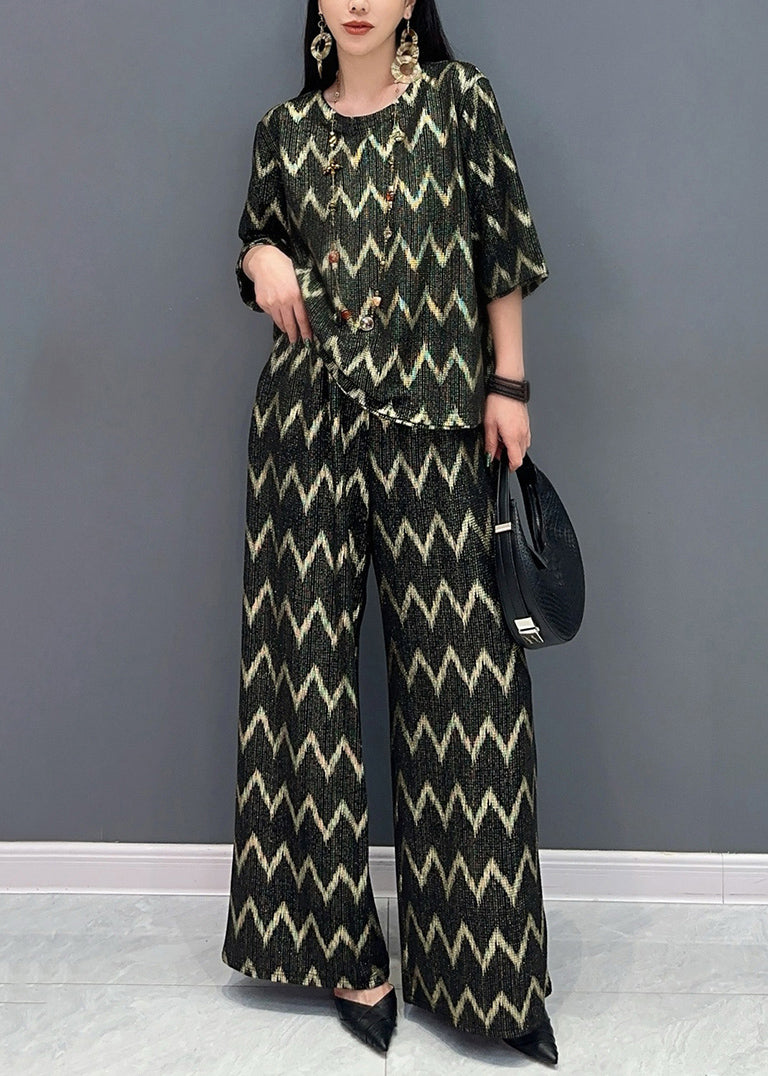 Black Gold O-neck Print and Wide Leg Pants T Shirt Two Pieces Set Short Sleeve Ao1059