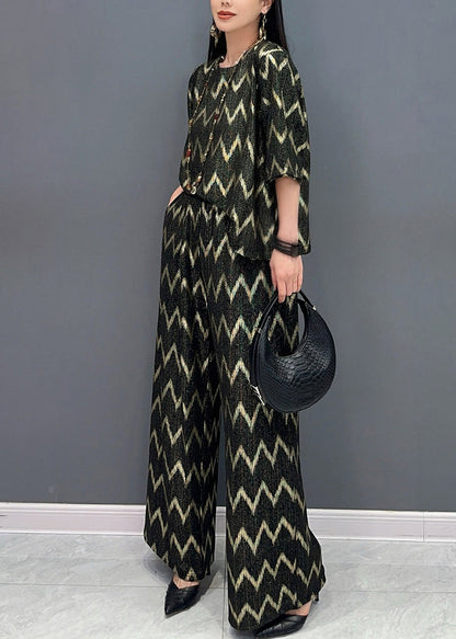 Black Gold O-neck Print and Wide Leg Pants T Shirt Two Pieces Set Short Sleeve Ao1059
