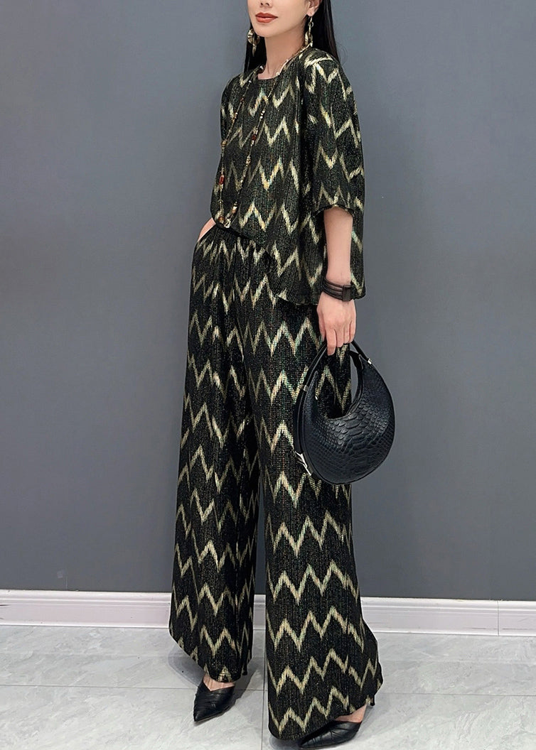 Black Gold O-neck Print and Wide Leg Pants T Shirt Two Pieces Set Short Sleeve Ao1059