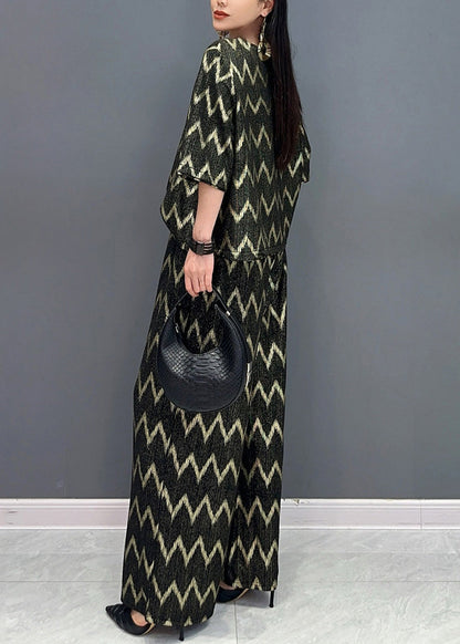 Black Gold O-neck Print and Wide Leg Pants T Shirt Two Pieces Set Short Sleeve Ao1059