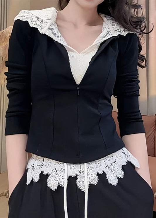 Hooded and Patchwork Pants Sweatshirt Lace Black Straight