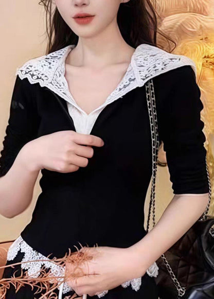 Hooded and Patchwork Pants Sweatshirt Lace Black Straight