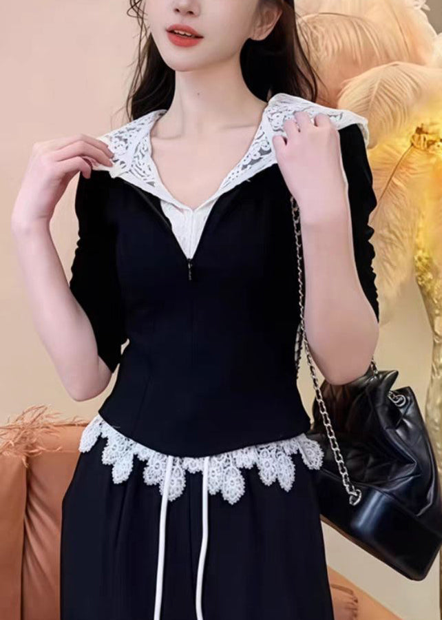 Hooded and Patchwork Pants Sweatshirt Lace Black Straight