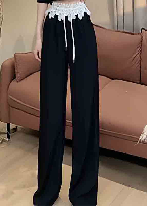 Hooded and Patchwork Pants Sweatshirt Lace Black Straight