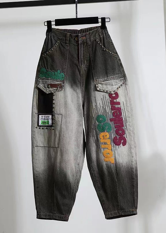 Black Letter Embroidered Pockets Denim Pants Spring Qq1024