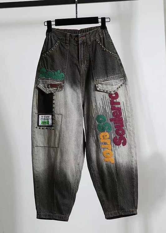 Black Letter Embroidered Pockets Denim Pants Spring Qq1024