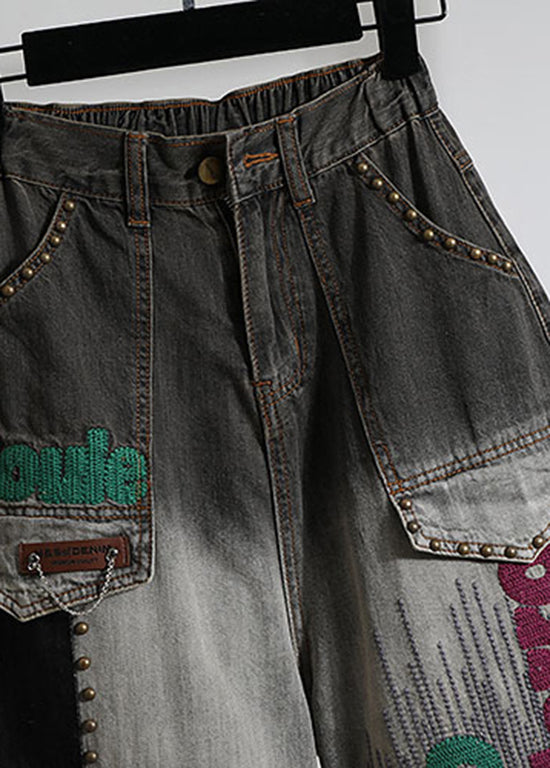 Black Letter Embroidered Pockets Denim Pants Spring Qq1024