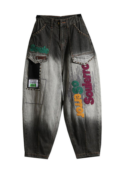 Black Letter Embroidered Pockets Denim Pants Spring Qq1024