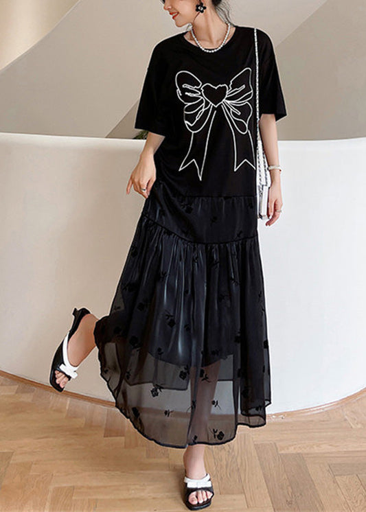 Black O-neck Bow Tulle Patchwork Cotton Maxi Dresses Summer Ly1707