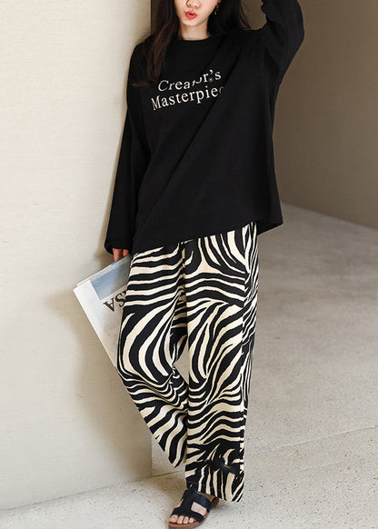 Black O-neck Graphic T Shirts and Straight Pants Two Pieces Set Long Sleeve Xs1012