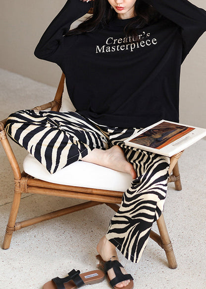 Black O-neck Graphic T Shirts and Straight Pants Two Pieces Set Long Sleeve Xs1012