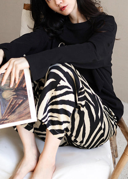 Black O-neck Graphic T Shirts and Straight Pants Two Pieces Set Long Sleeve Xs1012