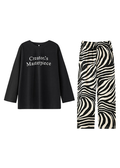 Black O-neck Graphic T Shirts and Straight Pants Two Pieces Set Long Sleeve Xs1012