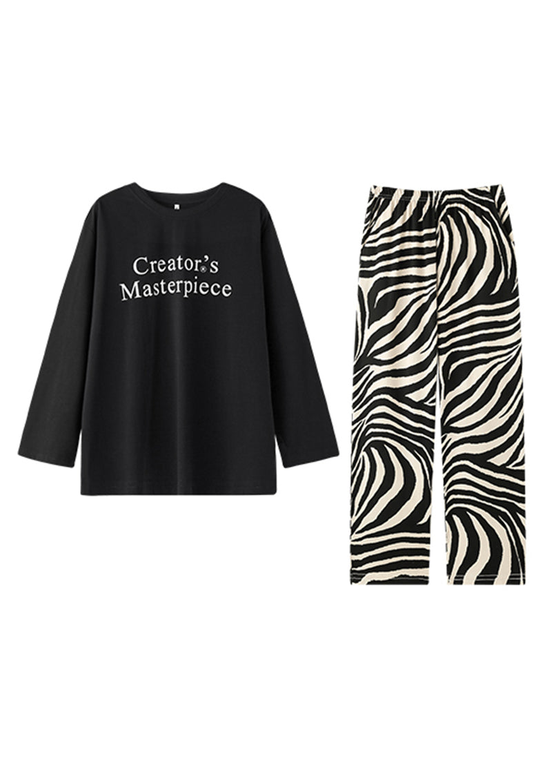 Black O-neck Graphic T Shirts and Straight Pants Two Pieces Set Long Sleeve Xs1012