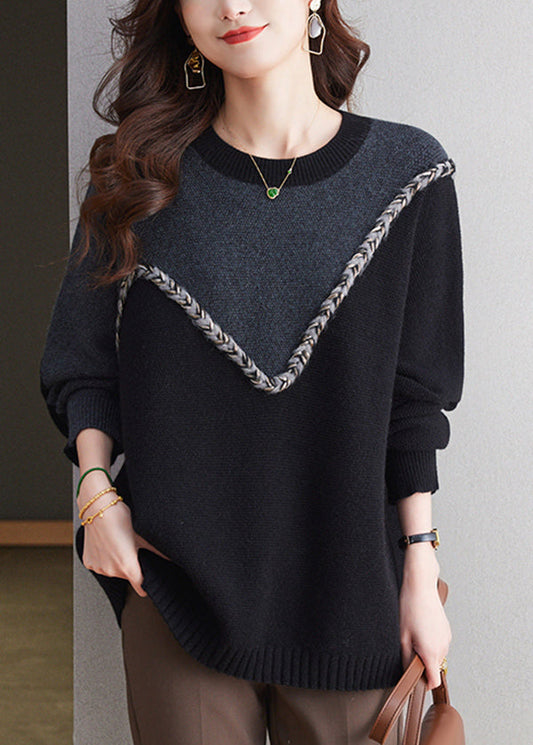 Black O Neck Patchwork Woolen Knit Sweaters Spring Tq025