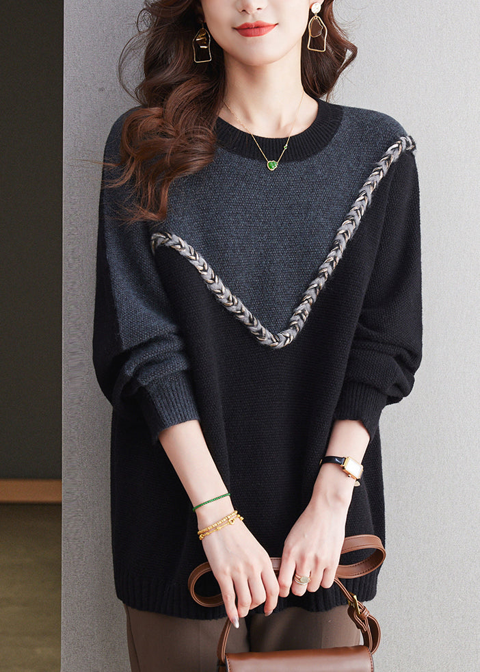 Black O Neck Patchwork Woolen Knit Sweaters Spring Tq025