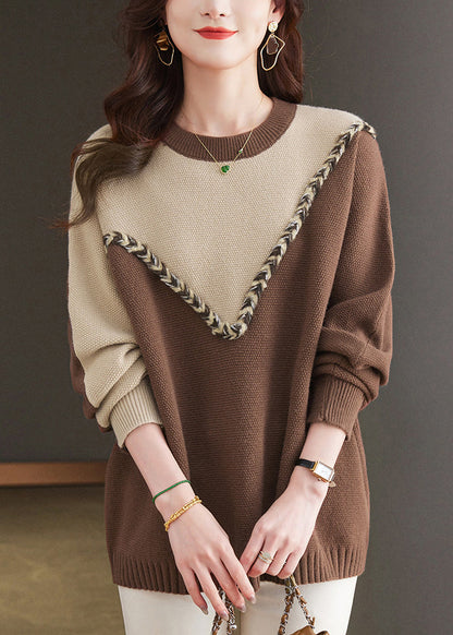 Black O Neck Patchwork Woolen Knit Sweaters Spring Tq025