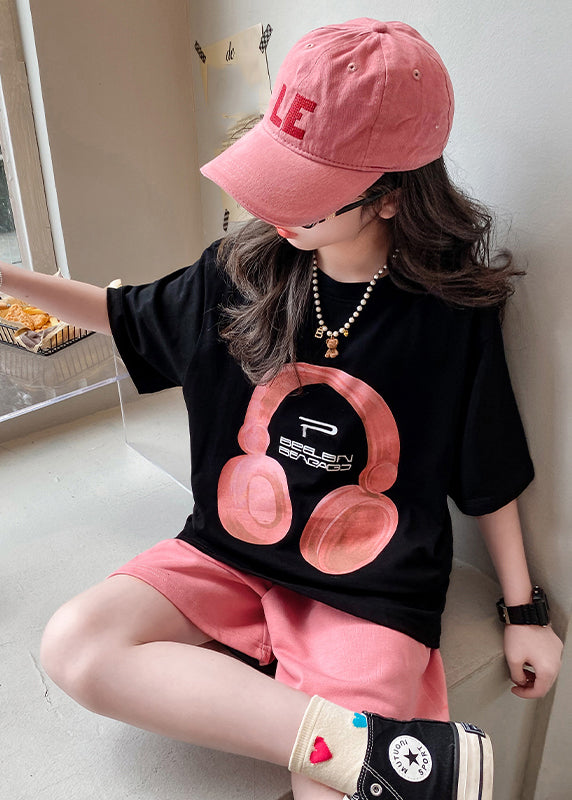 Black O-neck Print Kids Top and Shorts Two Pieces Set Summer Yu1086