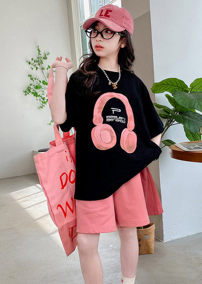 Black O-neck Print Kids Top and Shorts Two Pieces Set Summer Yu1086