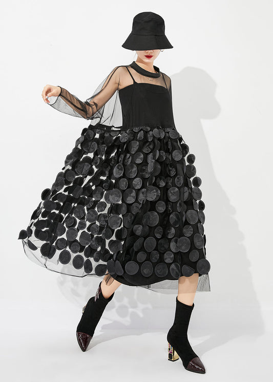 Black Oversized Patchwork Hollow Out Tulle Long Dress Summer Ly0883