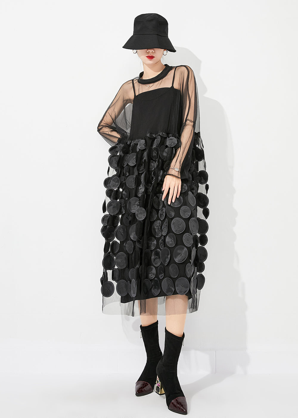 Black Oversized Patchwork Hollow Out Tulle Long Dress Summer Ly0883
