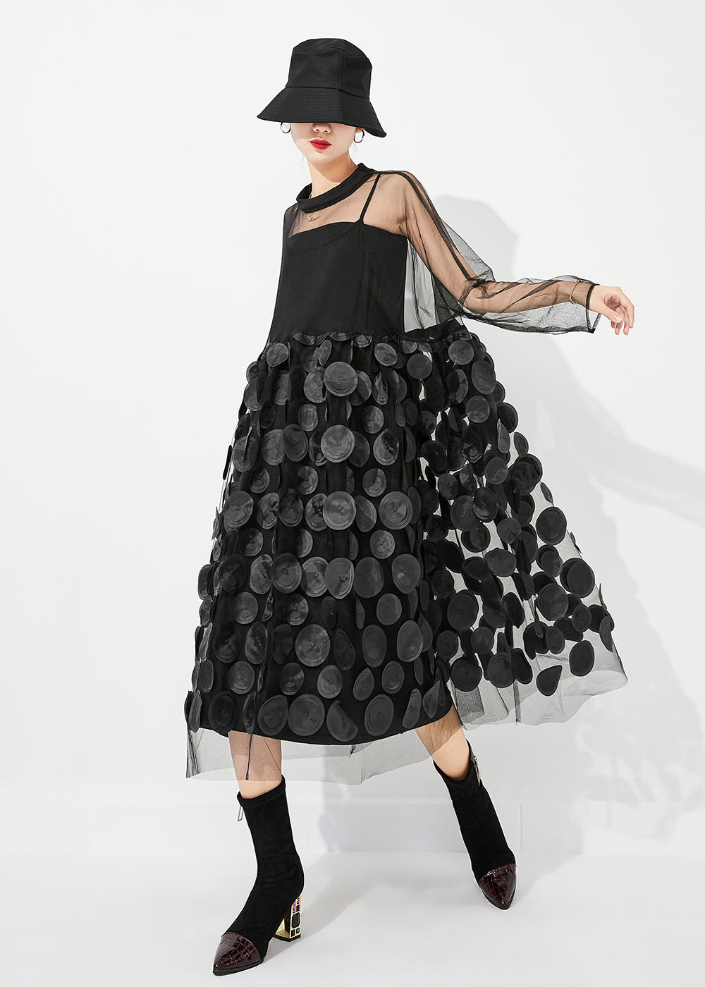 Black Oversized Patchwork Hollow Out Tulle Long Dress Summer Ly0883