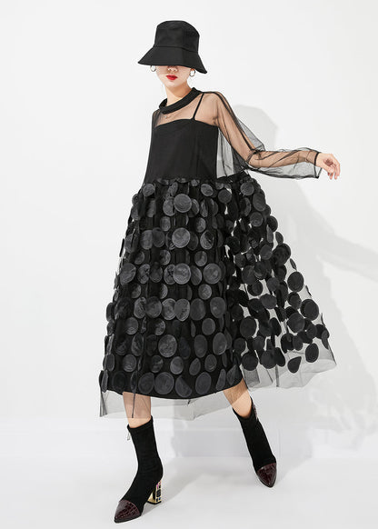 Black Oversized Patchwork Hollow Out Tulle Long Dress Summer Ly0883