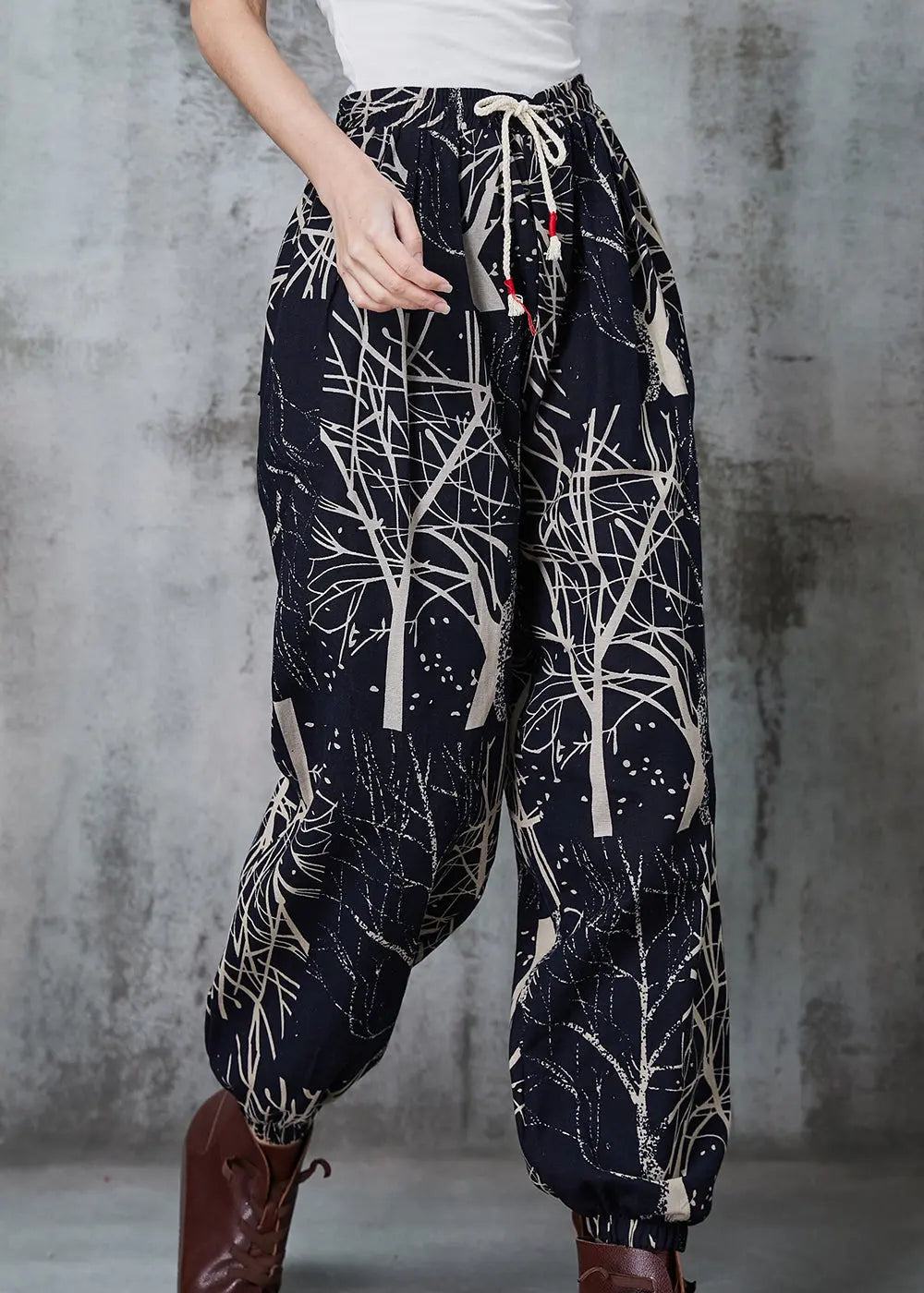 Black Oversized Print Cotton Harem Pants Spring Jk1044