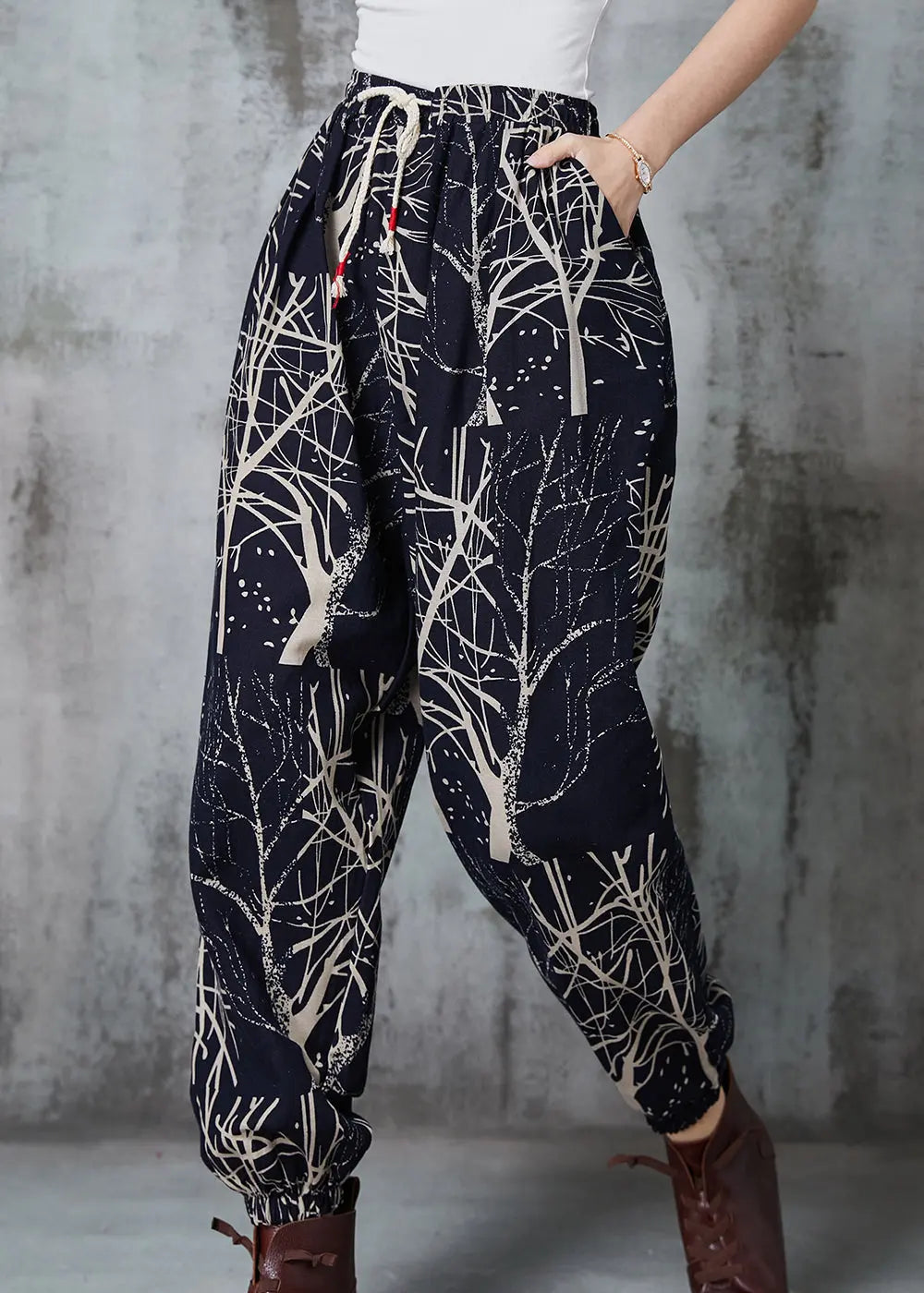 Black Oversized Print Cotton Harem Pants Spring Jk1044