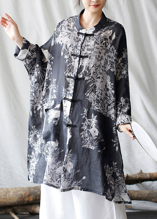 Black Oversized Print Linen Oriental Cardigan Spring Tm008