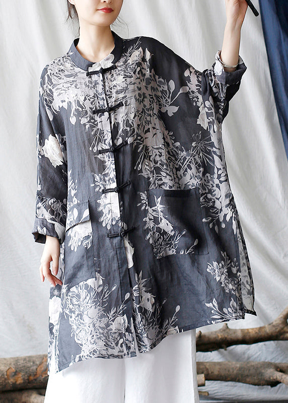 Black Oversized Print Linen Oriental Cardigan Spring Tm008