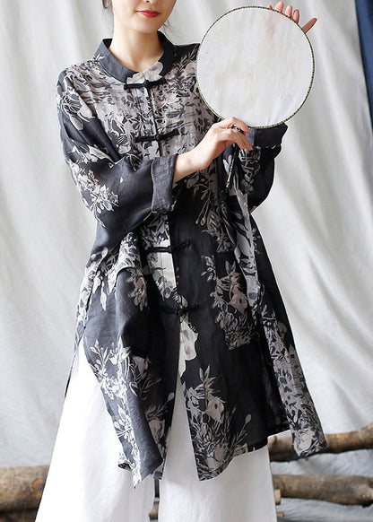 Black Oversized Print Linen Oriental Cardigan Spring Tm008