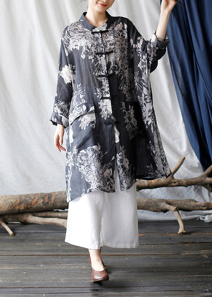 Black Oversized Print Linen Oriental Cardigan Spring Tm008